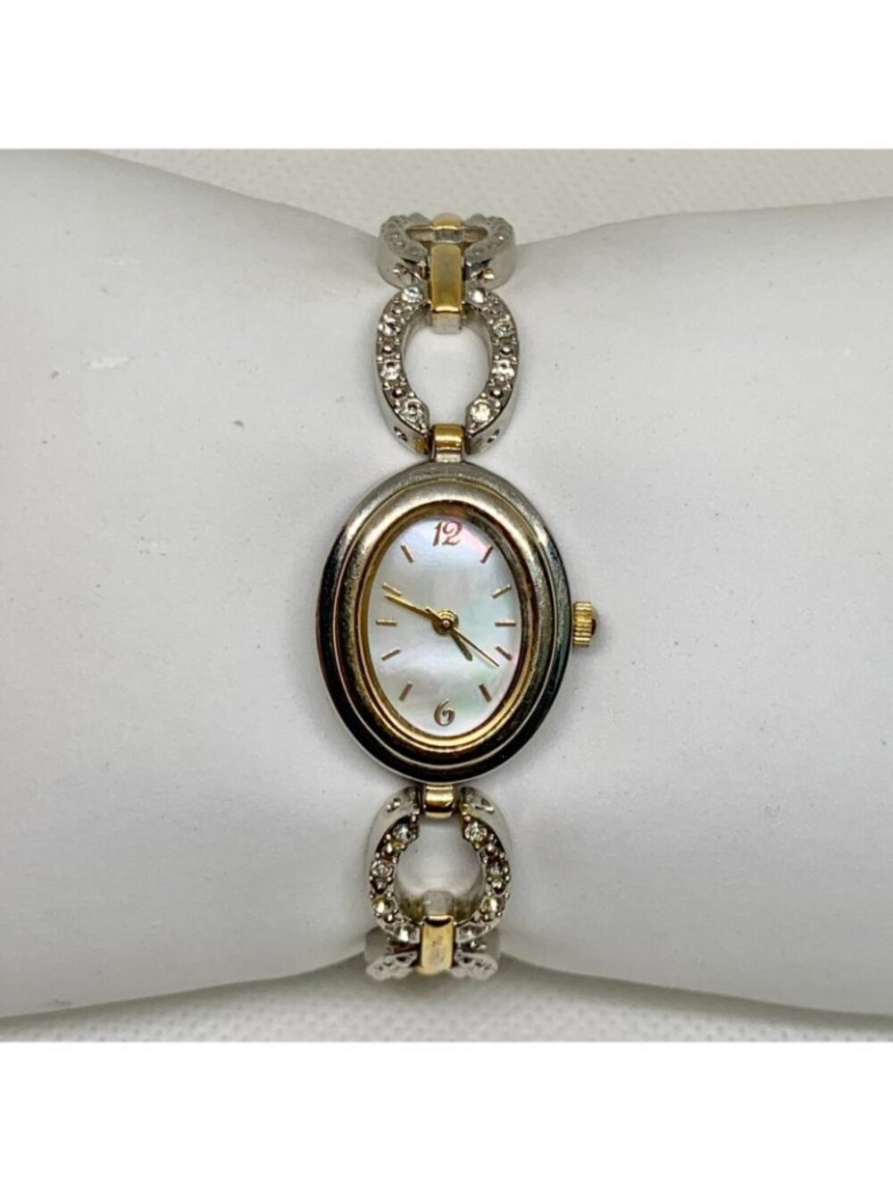 Allude women’s watch two tone rhinestones Mop dial 19mm oval quartz 6.5”running